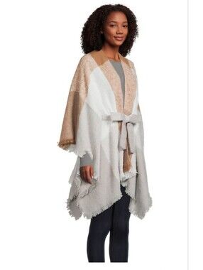 NWT World Market Fringe Windowpane Boucle Poncho With Belt in Cream, Tan - OSFM